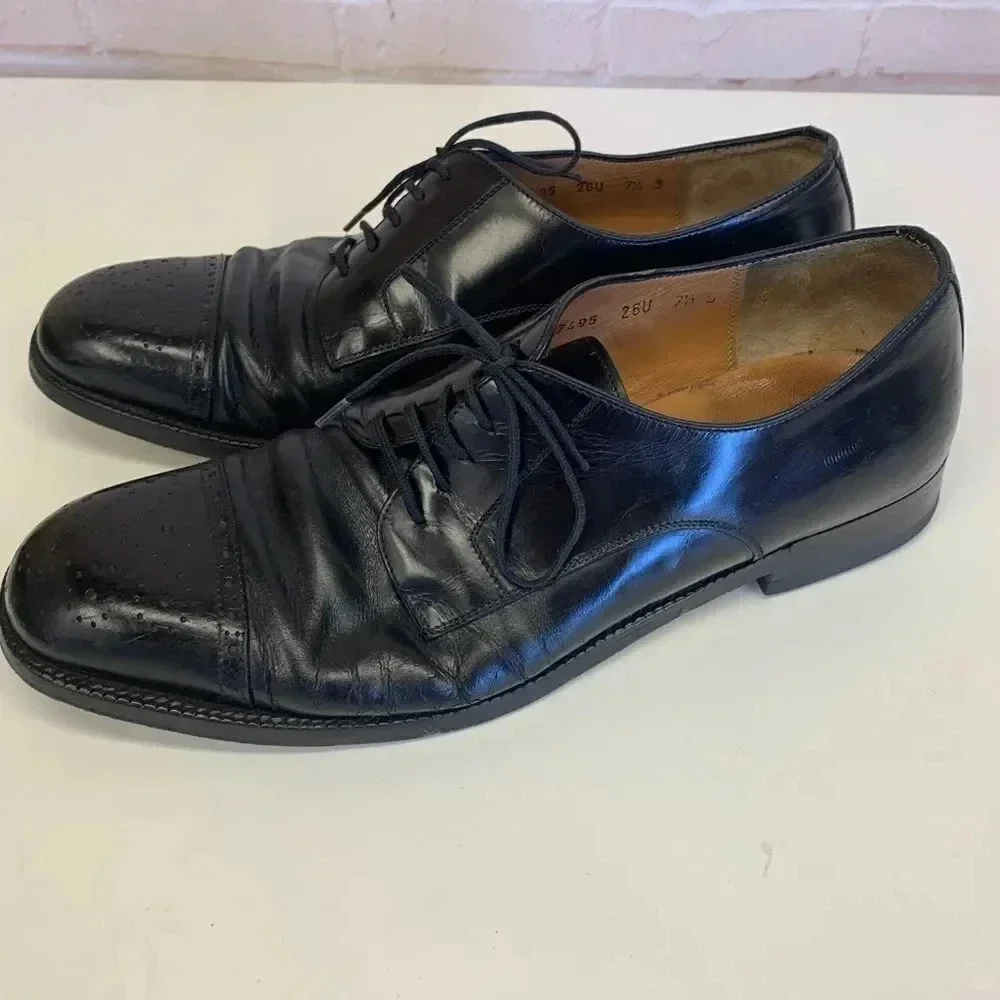 Ferragamo Loafers Oxfords Dress Formal Shoes Leather Lace Up Black Size 7.5
